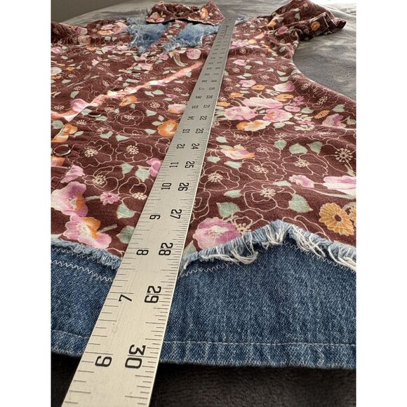 Free People Women's Boho Floral Denim Trim Mini Dress 6 Brown Mixed Media Y2k - Picture 8 of 9